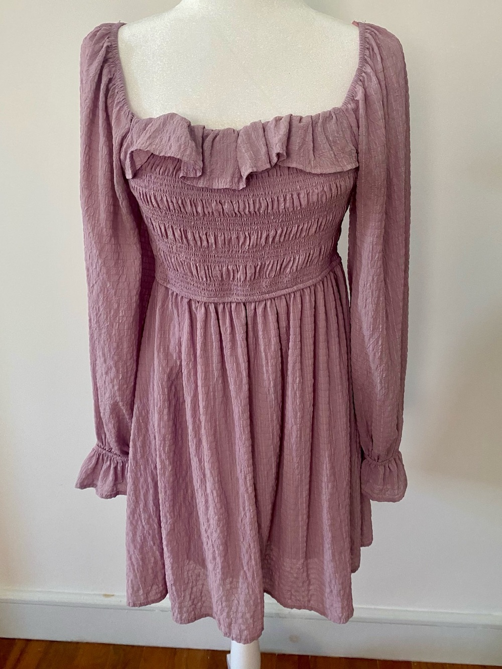 Blu Pepper Cottagecore Smocked Babydoll Mini Dress Lavender Pink Prairie Boho L